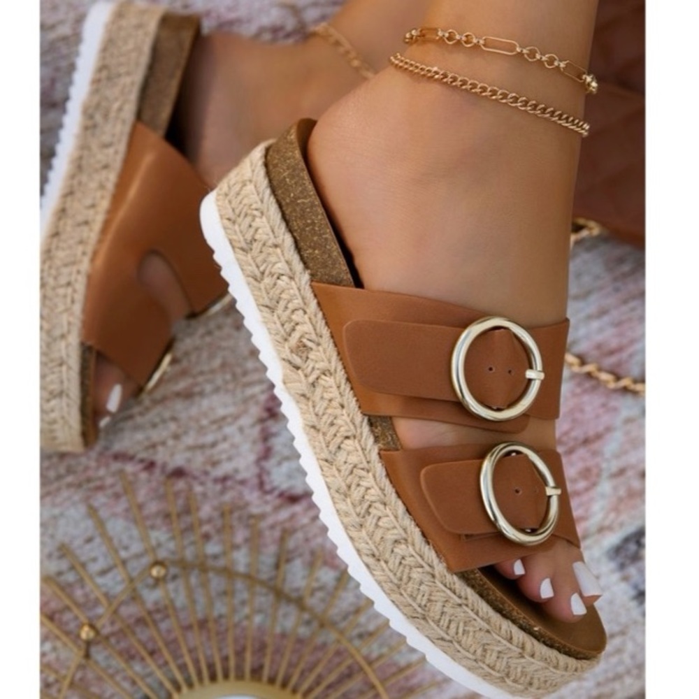 Tan Espadrille Platform Slide with Gold Buckles